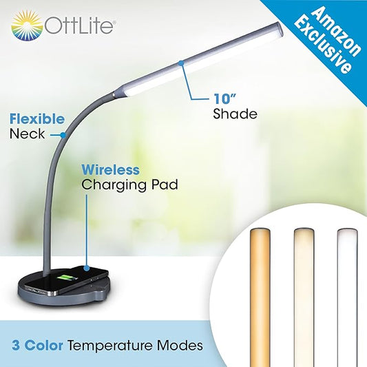 Ottlite Stretch LED Desk Lamp with Wireless Charging - ClearSun LED Technology, 3 Color Temperature Modes with Touch Sensitive Controls & Flexible Gooseneck Arm for Home, Office & Dorms