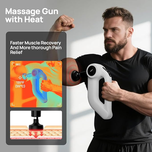 Deep Tissue Massage Gun with Heat, 12mm Amplitude Percussion Massager for Athletes & Muscle Relief, Professional Handheld Masssger Gun for Neck, Back, Shoulder, Leg, Gift for Men, White