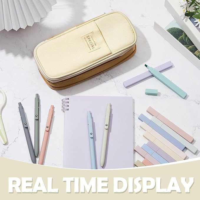 Henoyso 18 Set Aesthetic School Supplies Include Big Capacity Study Pen Bag with Zipper 12 Pcs Chisel Tip Bible Highlighters 5 Pcs Quick Dry Retractable Black Ink Pens for Student Office(Light Khaki)
