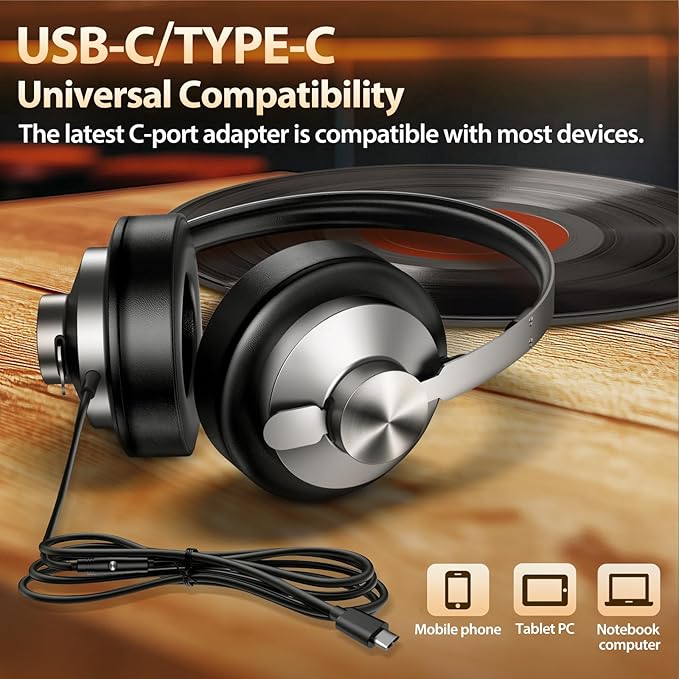 USB C Headphones Wired with Memory Foam,Over-Ear Headphones Sound & Durable Metal Frame Foldable Type C Headphone for Men/Women/Travel/iPhone 16/15, Samsung Galaxy S25/S24, Google Pixel 9, Ideal Gift