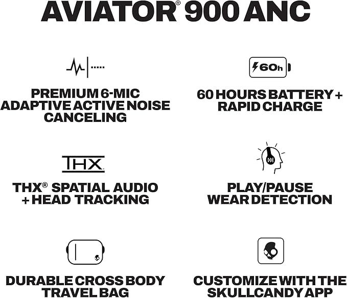 Skullcandy Aviator 900 ANC Wireless Over-Ear Bluetooth Headphones, THX Spatial Audio with Head Tracking, Adaptive Noise Cancelling, Up to 60 Hours Battery, Microphone for iPhone Android - True Black