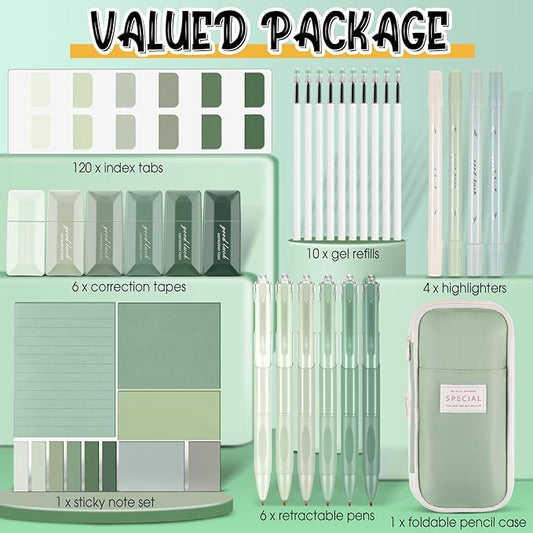 Janlaugh 38 Pcs Aesthetic College School Supplies with Pen Case Sticky Notes Gel Pens Highlighters Correction Tapes Back to School Stationery Kit(Green Color,Classic)