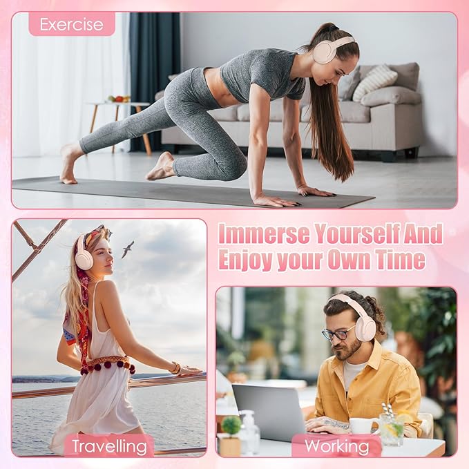 Active Noise Cancelling Headphones, Wireless Over Ear Bluetooth Headphones,100H Play Time Bluetooth Headphone with Microphone,Lightweight and Foldable Comfortable Deep Bass for Work/Gym Pink