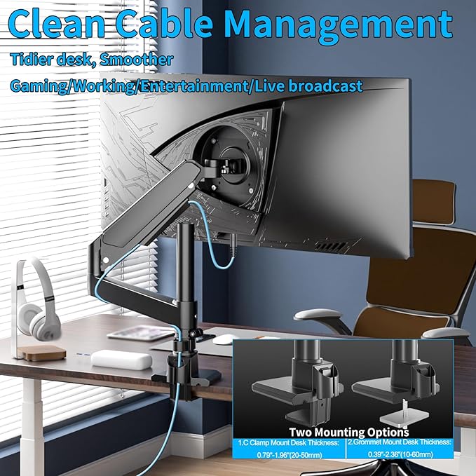 Monitor Arm for 17 to 60 inch, Hold 44 lbs, Fully Adjustable Heavy Duty Desk Mount, Monitor Stand Fit 57 55 49", Ultrawide Monitors Bracket Clamp/Grommet Base VESA 75x75/100x100, Black,H9B