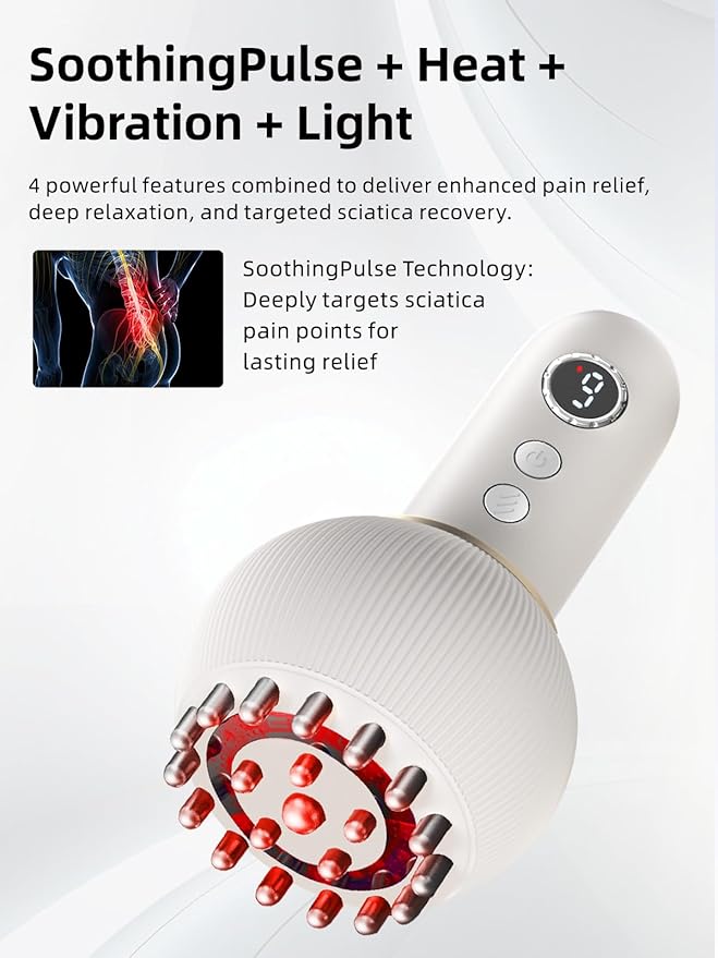 Sciatica Pain Relief Devices – Deep Tissue Massager with Multi-Mode Technology, Heat & Light Therapy, Targeted Relief for Sciatic Nerve & Lower Back Pain (White)