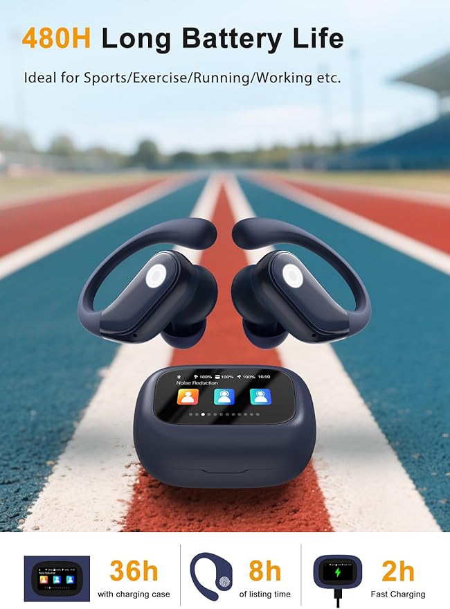 Wireless Earbuds, ANC Noise Cancelling Sport Ear Buds with Multifunctional Touch Screen, Bluetooth 5.4 Headphones, Bass Stereo Sound, 5 EQ Over-Ear Earbuds for Sports/Workout/Gym-Dark Blue