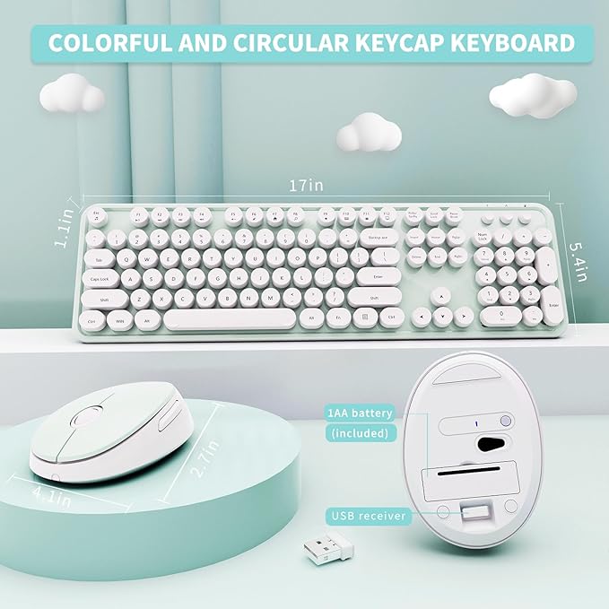 Wireless Keyboard and Mouse Combo, Ergonomic Full Size Typewriter Retro Round Keycaps Keyboard, Compatible with Windows, PC, Perfer for Home and Office Keyboards(Green)