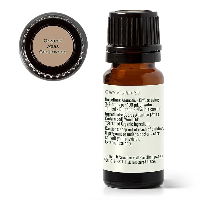 Plant Therapy Organic Atlas Cedarwood Essential Oil 100% Pure, USDA Certified Organic, Undiluted, Natural Aromatherapy for Diffusion, Skin, and Hair, Therapeutic Grade 10 mL (1/3 oz)