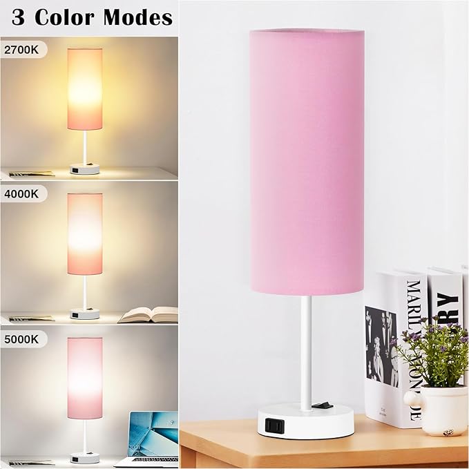 ZJOJO Table Lamp for Bedroom 2 Pack,18in Bedside Lamps with 3 Way Dimmable Rocker Switch & AC Outlet,Nightstand Desk Lamp with Pink Fabric Shade White Base for Living Room Home Decor Lights
