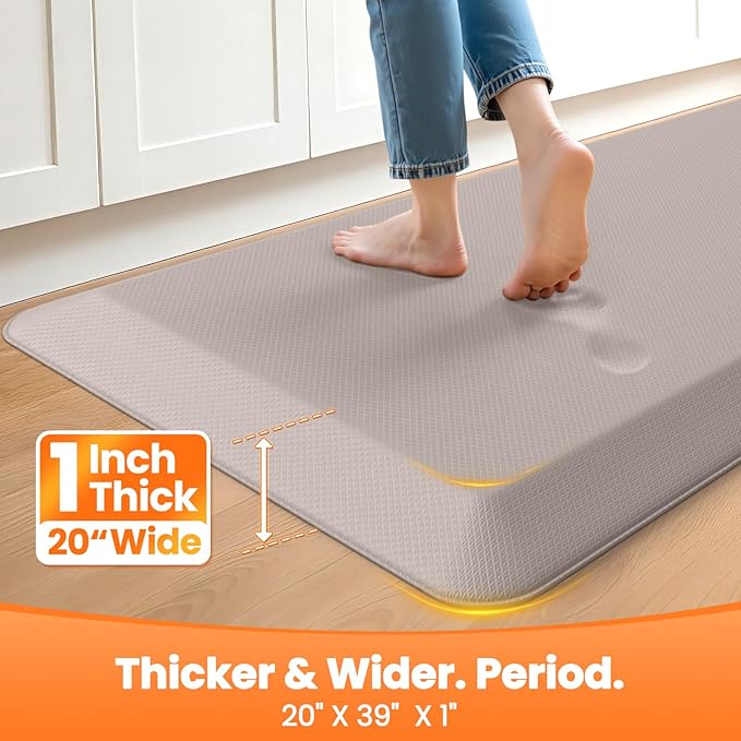 Kitchen Mats for Floor, 1 Inch Extra-Thick Kitchen Rugs, Non-Slip & Waterproof Standing Desk Mat, Comfort Anti Fatigue Mats for Kitchen Floor, Home, Sink, Office (20" X 39", Khaki)