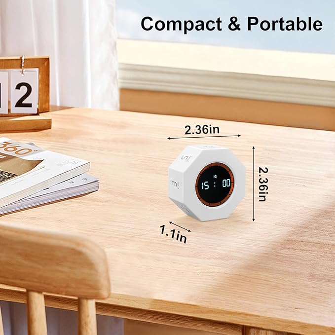 Rechargeable Pomodoro Timer, 8-Angle Auto-Rotating Screen with Gravity Sensor, Digital Timers for Classroom, Small Kitchen Timers for Cooking, Work and Study (Pearl White)