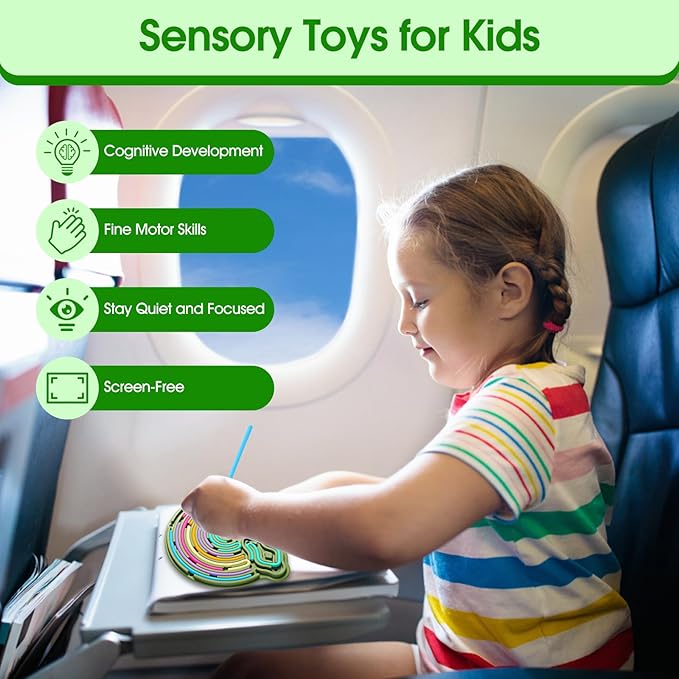 Sensory Activity Board Silicone Fidget Toy, Double-Sided Rainbow Sensory Toys for Autism, Stress, Anxiety, ADHD, Kids 3+& Adults, Includes Travel Bag & 12 Strings, Green