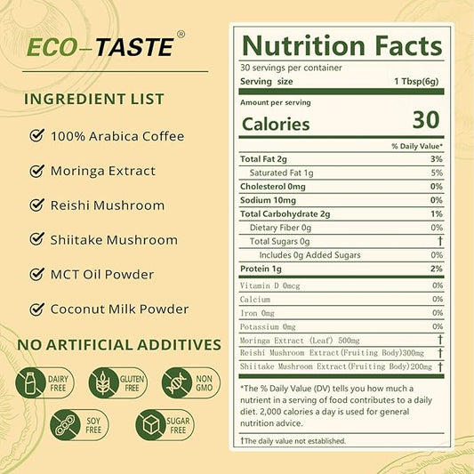 Moringa Mushroom Coffee Infused with Reishi, Moringa & Shiitake - 30% Beta-Glucans, Nutrient-rich and Antioxidants - 6.35oz (180g)