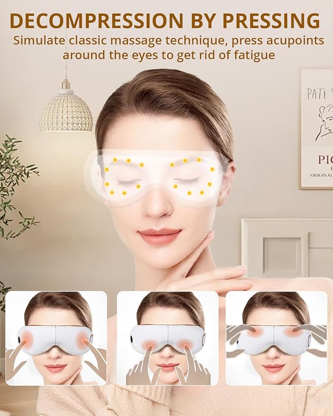 iRest Eye Massager with Heat,Smart Eye Mask Massager with Compression & Vibration,Relax Music,Rechargeable,Migraine Massager for Improve Sleep,Relieve Eye Strain Dry Eye Dark Circles Eye Bags,White
