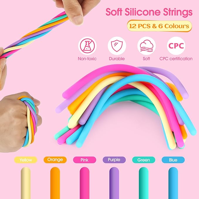 Fidget Toys Sensory Activity Board, Silicone Sensory Toys for Stress Anxiety Autistic ADHD Calming, Kids 3+ & Adults, Travel Bag & 12 Strings, Rainbow (Pink)