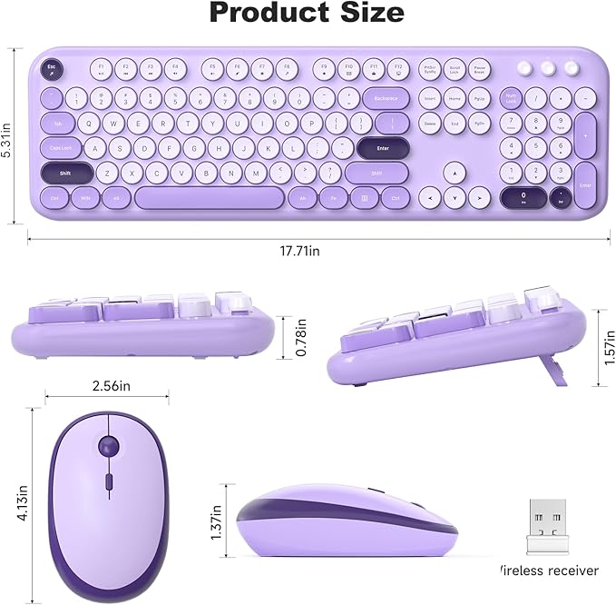 MOFII Wireless Keyboard and Mouse Combo, Cute Keyboard Full Size and Wireless Mouse, 2.4GHz Retro Typewriter Keyboard Wireless Mouse Set for PC/Desktop/Laptop/Windows (Violet)