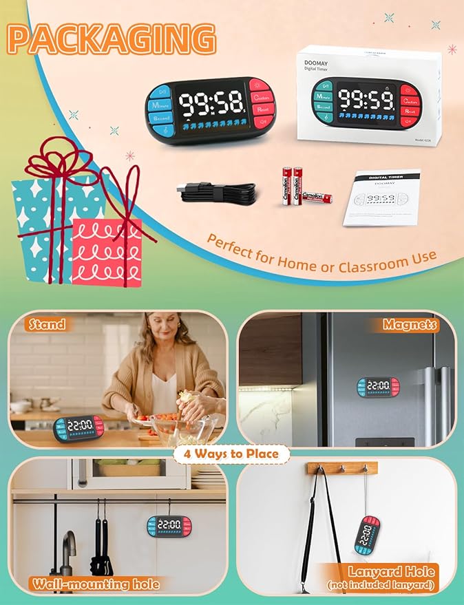 DOOMAY Digital Kitchen Visual Timer: 3.6'' Large LED Display, Magnetic, 3 Brightness, 4 Alarms, 4 Volume, Memory Function, Countdown Count up for Cooking, Classroom, Gym, AAA Battery Included (Black)