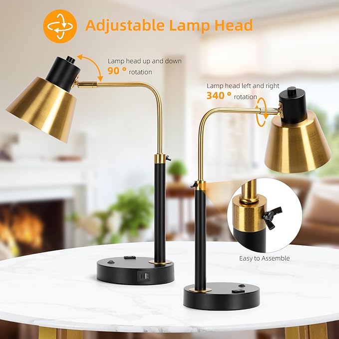 Desk Lamp - Heavy Duty Metal Task Light, USB-C & AC Outlet, Easy Assembly with Cord Guide, Adjustable Head for Office Home Study, Matte Black & Brushed Brass (Bulb Not Included)