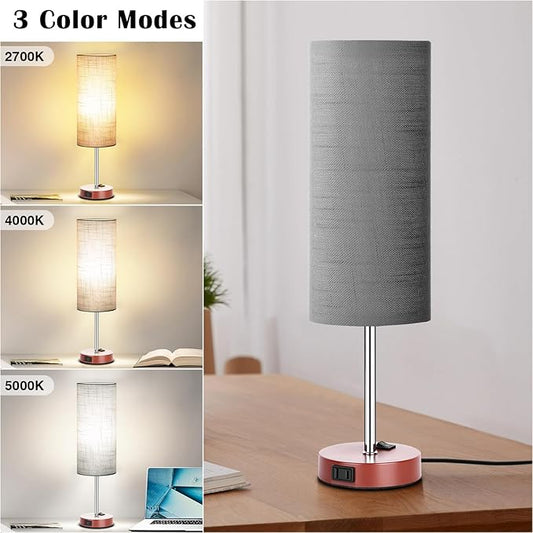 ZJOJO Table Lamp for Bedroom 2 Pack,18in Bedside Lamps with 3 Way Dimmable Rocker Switch & AC Outlet,Nightstand Desk Lamp with Gray Fabric Shade Brown Base for Living Room Home Decor Lights