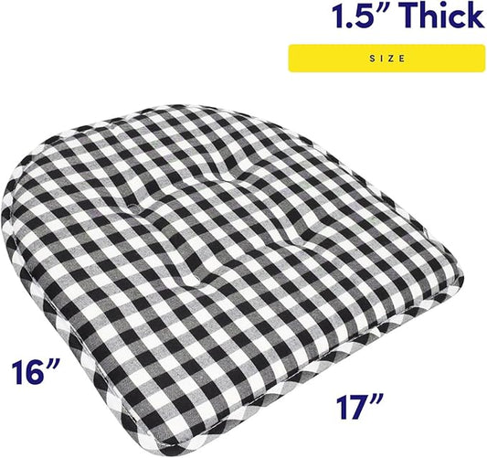 Sweet Home Collection Chair Cushion Memory Foam Pads Tufted Slip Non Skid Rubber Back U-Shaped 17" x 16" Seat Cover, Checkered Black/White 4 Count