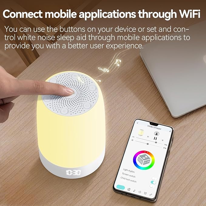 White Noise Sound Machine,White Noise app Night Light,Bluetooth Sleep Music Alarm Clock,Bedroom Nursery Baby Adults Portable Travel Sunset lamp