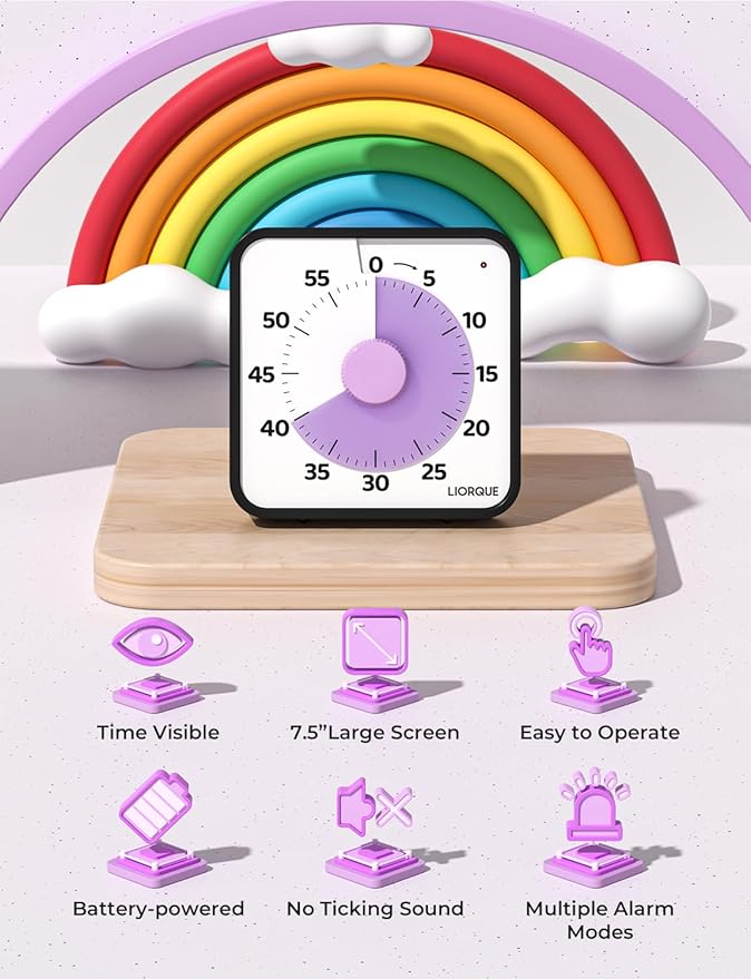 LIORQUE 60 Minute Visual Timer for Kids and Adults, Non-Ticking 7.5 Inch Large Visual Countdown Timers for Classroom Desk Countdown Clock with Magnetic Backing, Kids Pomodoro Timer Clock