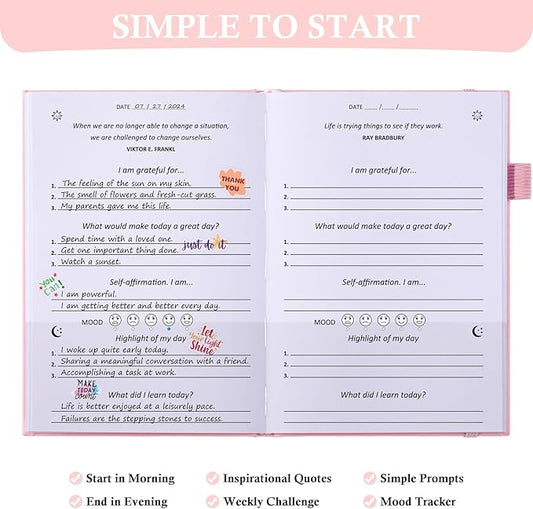 Gratitude Journal with 4 Inspirational Stickers: Undated Daily Gratitude Journal for Women and Men - More Happiness, Affirmation, and Mindfulness in A Few Minutes with Prompts & Quotes (Pink)