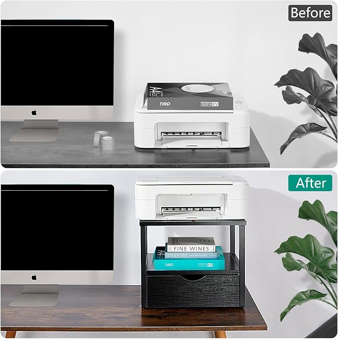 2 Tier Desktop Printer Stand,Printer Stand with Drawers, Shelf for Top of Desk ,Multi-Purpose Desk Organizer for Home Office, Fit Fax Machine, Scanner,Blakc