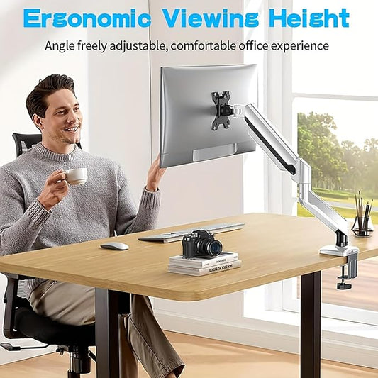 Ultrawide Monitor Arm for 13 to 32 inch Flat/Curved Computer Screen, Gas Spring Single Monitor Mount Holds up to 17.63 lbs, Clamp & Grommet Base, VESA 75x75/100x100mm, White