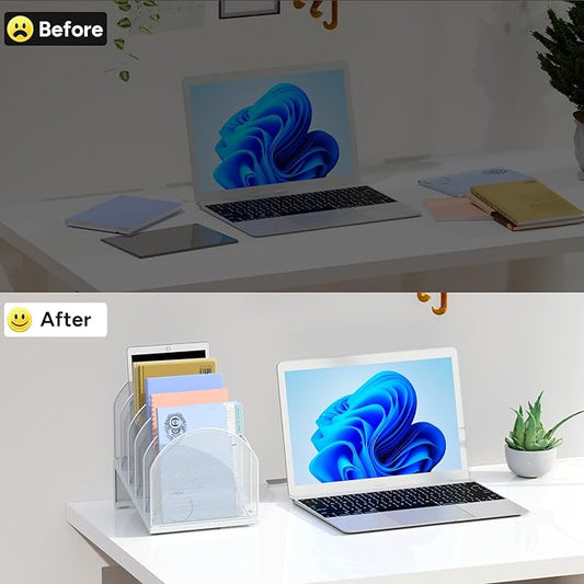 5-Section Desk File Organizer, Metal Mesh Folder Organizer for Documents, Mail & Office Papers (White)