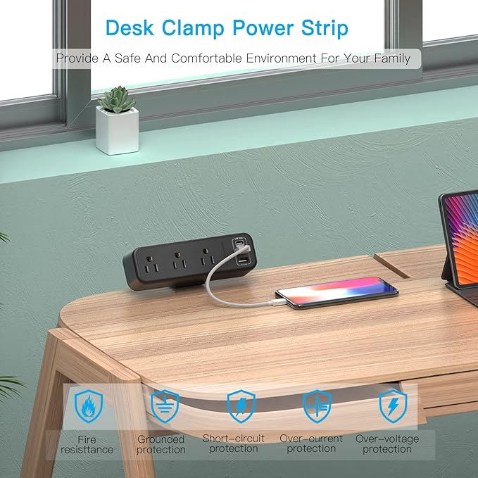 3 Outlet Desk Clamp Power Strip with USB C, Black Flat Plug Desktop Edge Clamp Power Socket Connect 6.5 ft Thin Extension Cord for 1.6 inch Tables