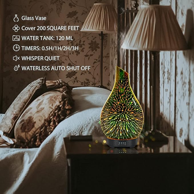 Essential Oil Diffuser Aromatherapy Diffuser- 120 ml Glass Ultrasonic Cool Mist Oil Diffuser, Whisper Quiet with Waterless Auto Shut-Off, 4 Timer Setting,7 Colors Night Light for Home (Silver)