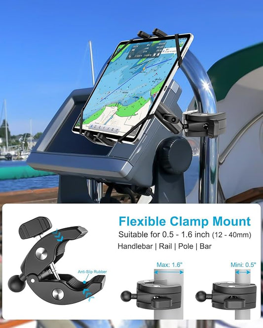 Boat Helm Tablet Mount, Marine Rail Tablet Holder with Aluminum Arm, 360° Adjustable Sailboat Pole Rod Handle Bar Clamp Mount for iPad Pro 13 12.9 11 Air Mini, Galaxy Tab, iPhone, 4-13" Device
