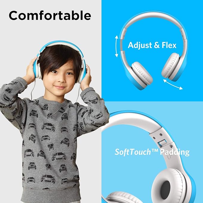 LilGadgets Connect+ Style On-Ear Kids Headphones with Microphone - SharePort Technology, SoftTouch Padding, Detachable Cable, Noise Reduction, Durable & Adjustable - Blue Headphones for Kids