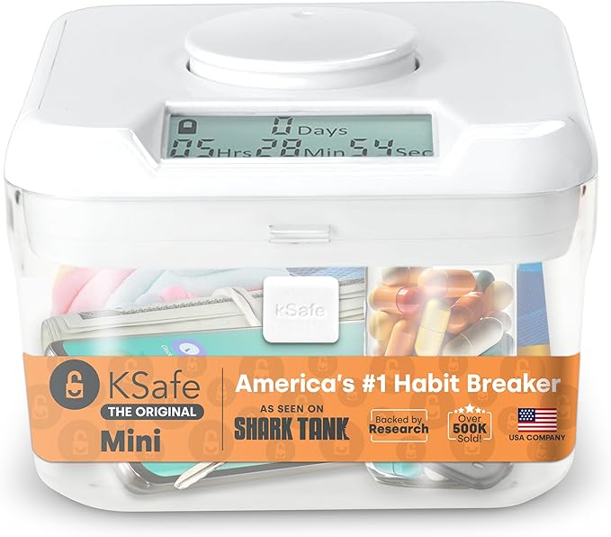 kSafe Time Locking Container Mini - Habit Control Device, Snack Safe, Tech Lock Box, Medication Timer Box, No Overrides, BPA-Free Plastic, 4.25” W x 3” H, White Lid, Clear Base
