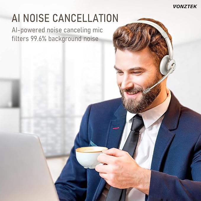 Wireless Headset, Bluetooth Headphones with Microphone Noise Canceling & USB Dongle, Trucker Bluetooth Headset with Mic Mute for Cell Phone Computer Work Office Meetings Teams Skype Call