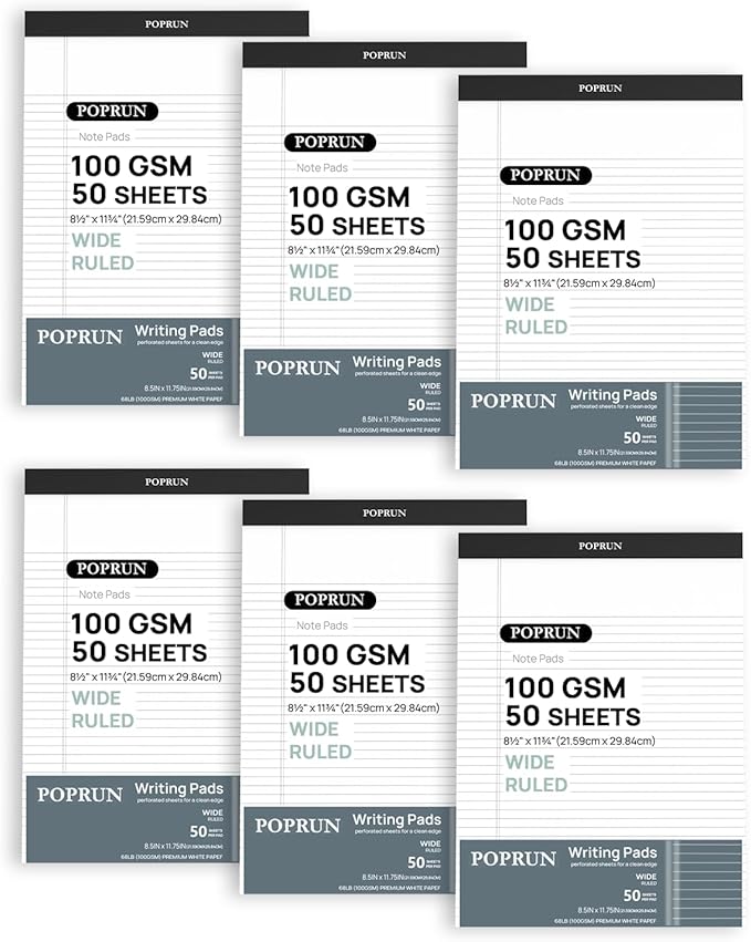 POPRUN White Legal Pads 8.5 x 11.75 Wide Ruled, 100GSM Writing Paper Pad, Bulk Lined Notepad Notebooks for Work School, Classroom Office Supplies, 6 Pack