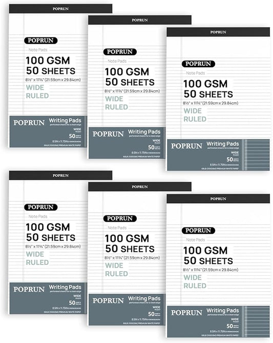 POPRUN White Legal Pads 8.5 x 11.75 Wide Ruled, 100GSM Writing Paper Pad, Bulk Lined Notepad Notebooks for Work School, Classroom Office Supplies, 6 Pack