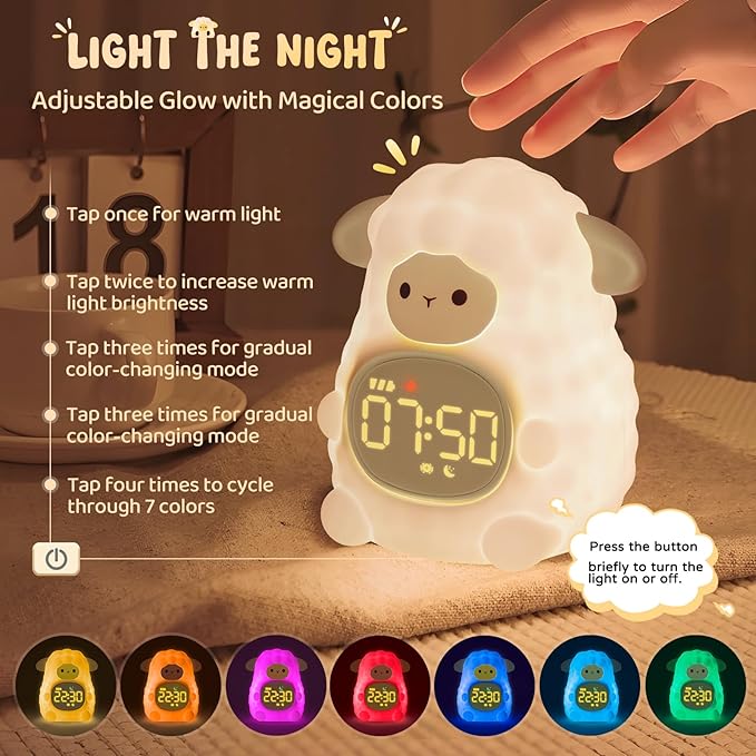 Sheep Alarm Clock with Night Light for Kids with Sleep Training and Sound Machine, Rechargeable Silicone Lamp OK to Wake Clock,Cute Animal Tabletop Lamp, Perfect Sleep Companion for Boys Girls, Khaki