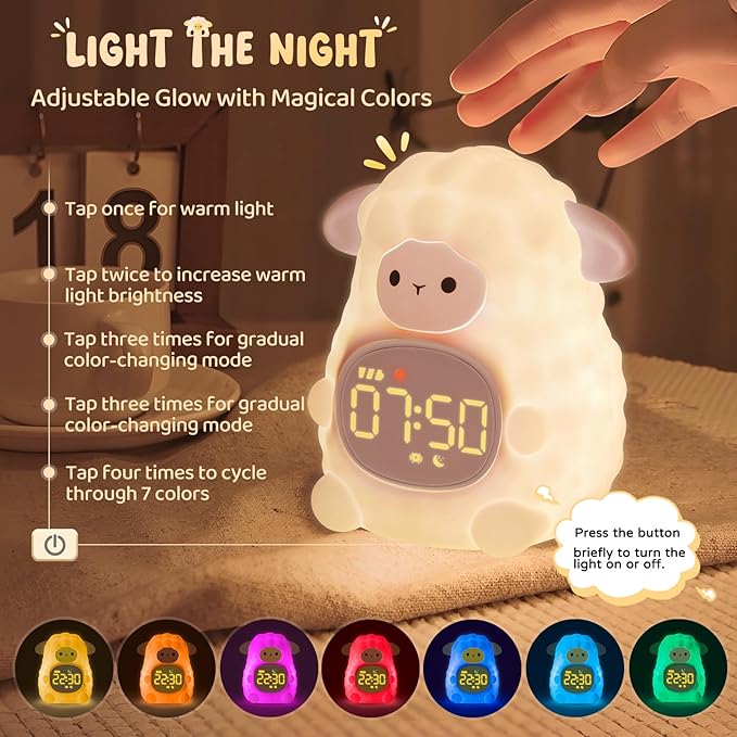 Sheep Alarm Clock with Night Light for Kids with Sleep Training and Sound Machine, Rechargeable Silicone Lamp OK to Wake Clock,Cute Animal Tabletop Lamp, Perfect Sleep Companion for Boys Girls, Pink