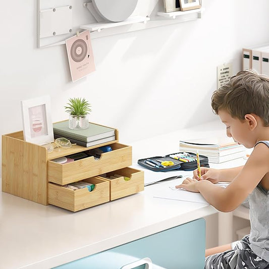 Bamboo Desk Organizer with Drawers Desktop Storage Drawers for Bills Office Supplies Kitchen Utensils Organizing Tool for Home Classroom Organization No Assembly (Nature 3 Drawers)