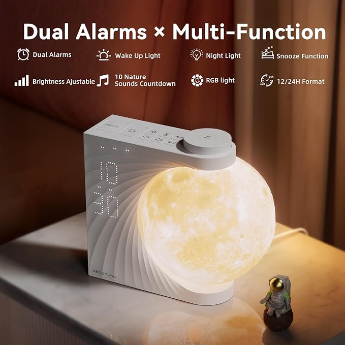 Sunrise Alarm Clocks for Heavy Sleepers,Night Lamp Clocks for Bedrooms with Moon Light,10 Light Effects,30/60/90 Timer,10 Sleep Nature Sounds,15 Ringtones,12 Volume Control with Snooze Function