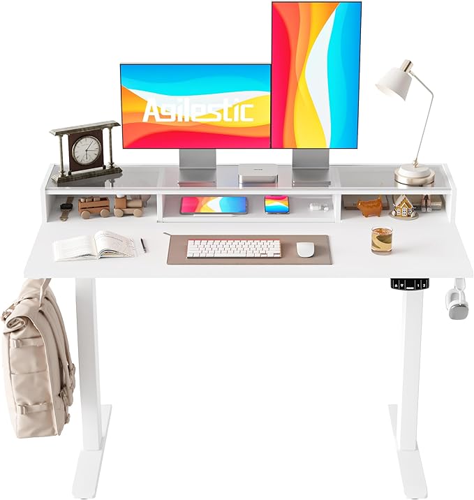 Agilestic Glass Standing Desk with Storage, 48 Inch Electric Adjustable Desk with Glass Shelf and Cable Management, Sit Stand Up Home Office Computer Table, Splice Board, White