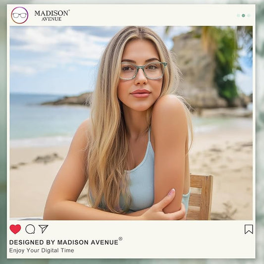 Madison Avenue TR90 Blue Light Blocking Glasses Anti Eyestrain UV Glare Blue Light Glasses for Women TV Phone Computer Gaming Eyeglasses (Transparent Green)