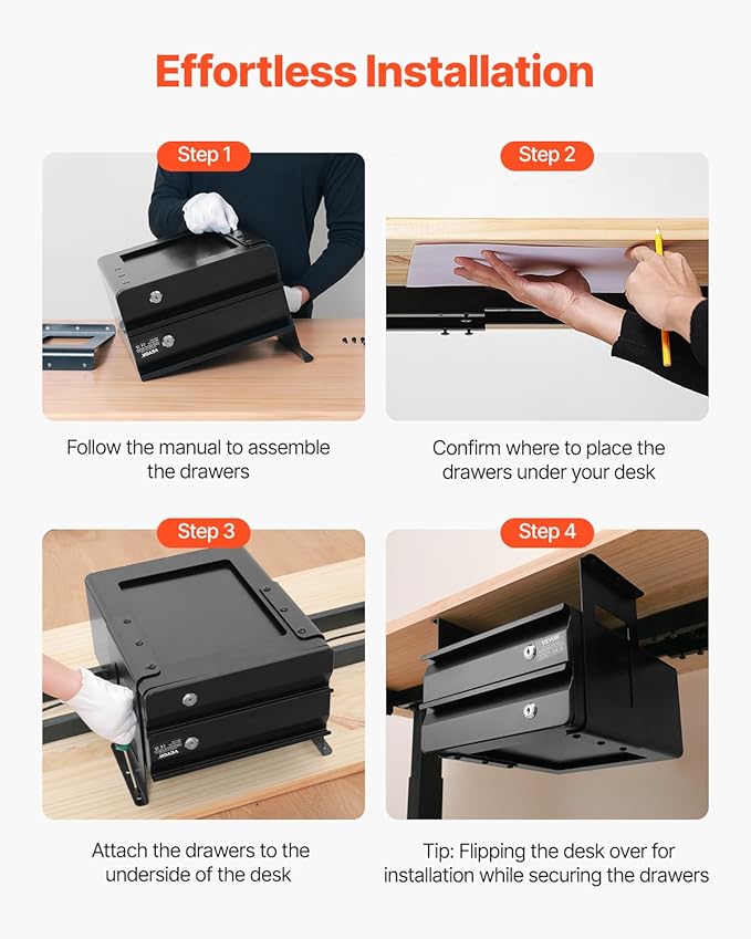 VEVOR Under Desk Double Stacked Lockable Slide Out Drawer, 13 inch Lockable Under Table Pull-out Drawer Attachment for Sit Stand Workstation, Secure Under Desk Storage Organizer, Black