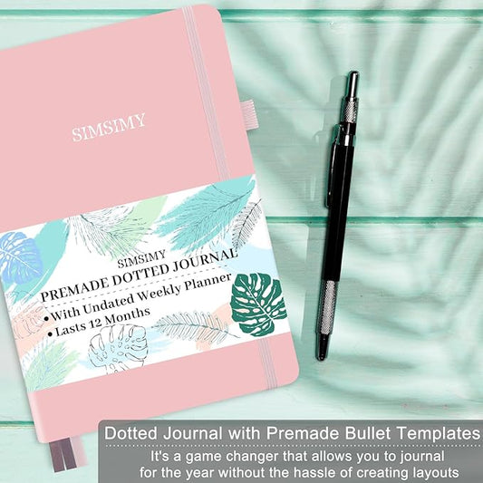Premade Bullet Dotted Journal with Undated Weekly Monthly Planner, Pre-made Dot Grid Journaling Aesthetic Notebook for Goals Gratitude Budget Exercise Habits Mood Sleep Tracker - 12 Month