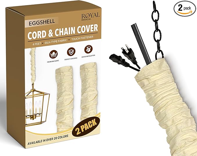 Royal Designs, Inc. Cord & Chain Cover 4 ft Silk Type Fabric, Chandelier Pendant Lighting Chain & Cable Management, Touch Fastener, Eggshell - 2 Pack