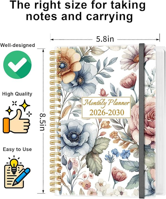 2025-2030 Monthly Planner - 64 Month PLanner Calendar from September 2025 to December 2030, Flexible Cover, Inner Pocket, 5.8" x 8.5", Perfect for Home | School | Office, Colorful Large Flower