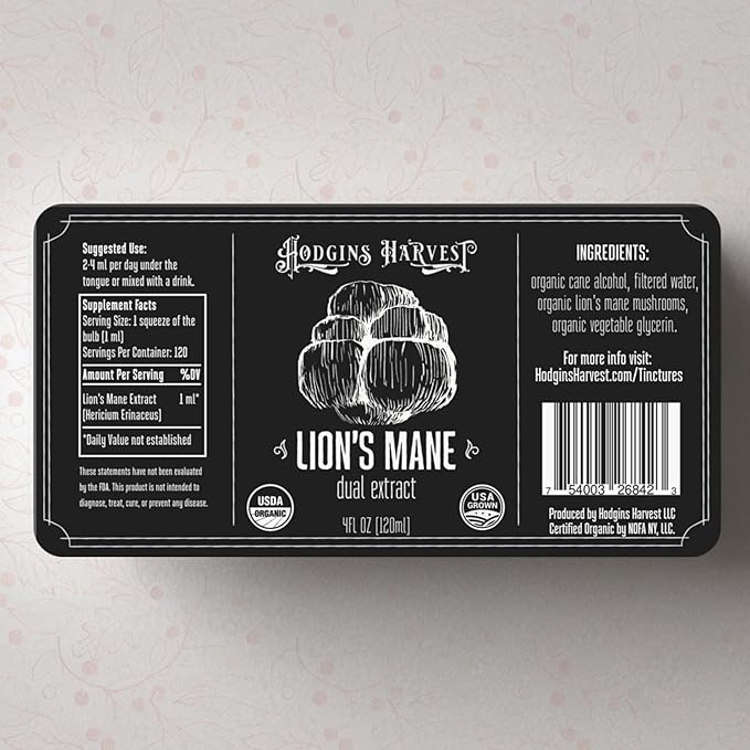 Hodgins Harvest Organic Lion's Mane Tincture | Made with Mushrooms Grown On Our Farm in The USA | Dual Extract | Extra-Concentrated (4 fl oz)