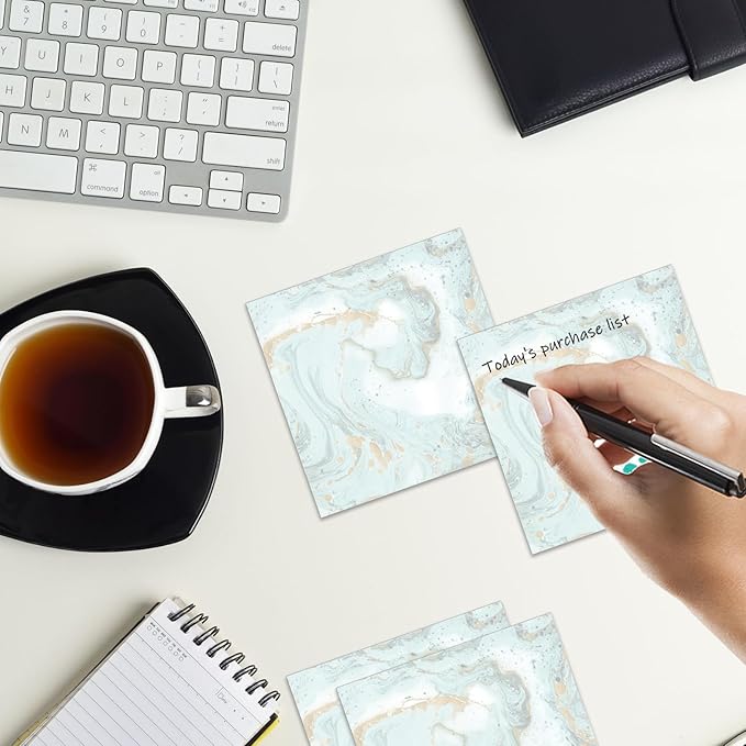 Sticky Notes 3x3 Inches, 2 Pads Cute Colorful Self-Stick Note Pads, Easy to Post for Home, Office and Daily Life Organization Cute Green Gold Marble